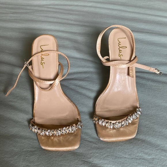 Lulu’s Goldeina gold satin rhinestone shoes - Picture 3 of 5